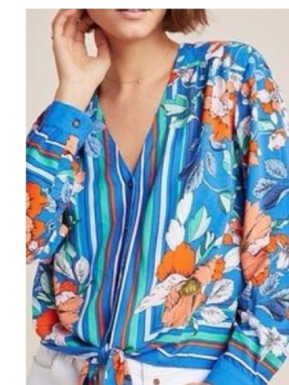 Anthropologie Maeve Royal Blue Floral Tie-Hem Button Blouse